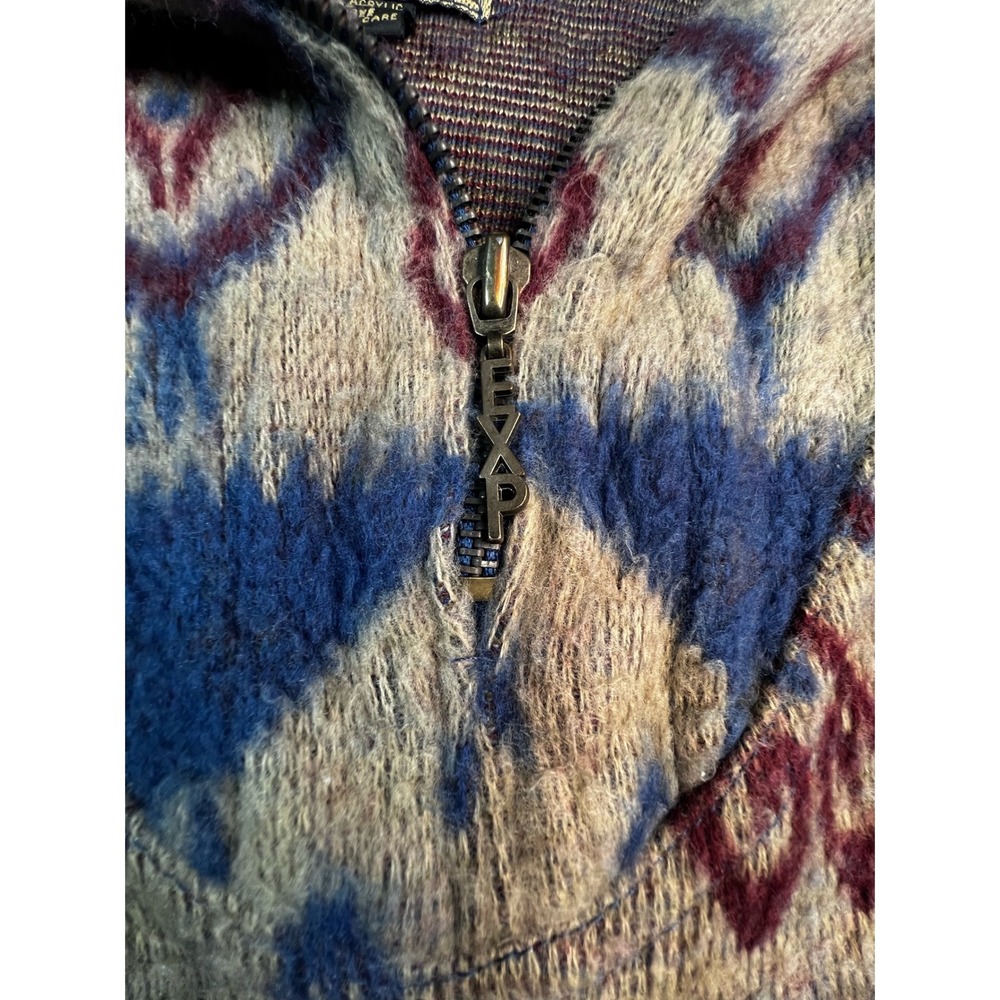 Vintage Southwest Geometric Knit Sweater Vest Blue Burgundy Heart Pattern V-Neck - Picture 3 of 8